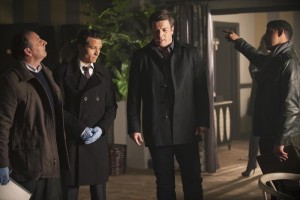  Castle Preview: Castle, P.I. (Season 7 Episode 11) CASTLE - "Castle, P.I." - After being forbidden to work with Kate Beckett or the 12th Precinct, Castle obtains a P.I. license and shows up unannounced at Beckett's crime scene, hoping to investigate alongside her as a private eye. But things don't go as Castle had planned, on "Castle," MONDAY, JANUARY 12 (10:01-11:00 p.m., ET) on the ABC Television Network. (ABC/Colleen Hayes)
ARYE GROSS, SEAMUS DEVER, NATHAN FILLION, JON HUERTAS