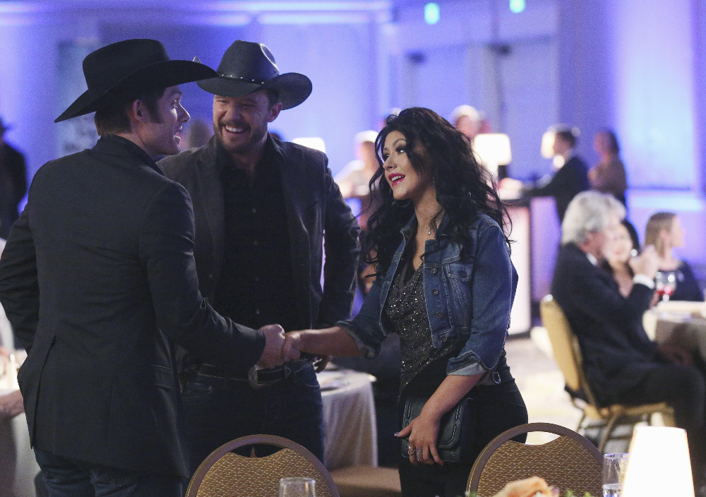  Nashville Review: The Storm Has Just Begun (Season 3 Episode 19) NASHVILLE - "The Storm Has Just Begun" - The brightest stars of Nashville have gathered in support of Teddy's music education initiative, "Note By Note," where Juliette plans her return to the spotlight - and Layla finds herself thrust into it - alongside Jade St. John. At the gala, Rayna, Deacon, Maddie and Daphne get ready to take the stage and perform, but before they can, Deacon receives the call he's been waiting for containing some life-changing news, on "Nashville," airing WEDNESDAY, APRIL 22 (10:00-11:00 p.m., ET) on the ABC Television Network. (ABC/Mark Levine)
CHRIS CARMACK, WILL CHASE, CHRISTINA AGUILERA