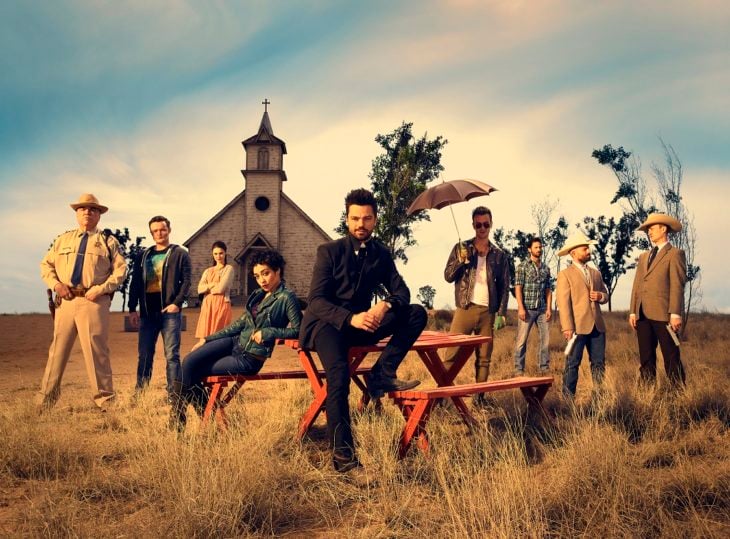 W. Earl Brown as Sheriff Hugo Root, Ian Colletti as Eugene Root, Lucy Griffiths as Emily, Ruth Negga as Tulip O'Hare, Dominic Cooper as Jesse Custer, Joseph Gilgun as Cassidy, Derek Wilson as Donnie Schenck, Anatol Yusef as DeBlanc, Tom Brooke as Fiore; group - Preacher _ Season 1, Gallery - Photo Credit: Matthias Clamer/AMC