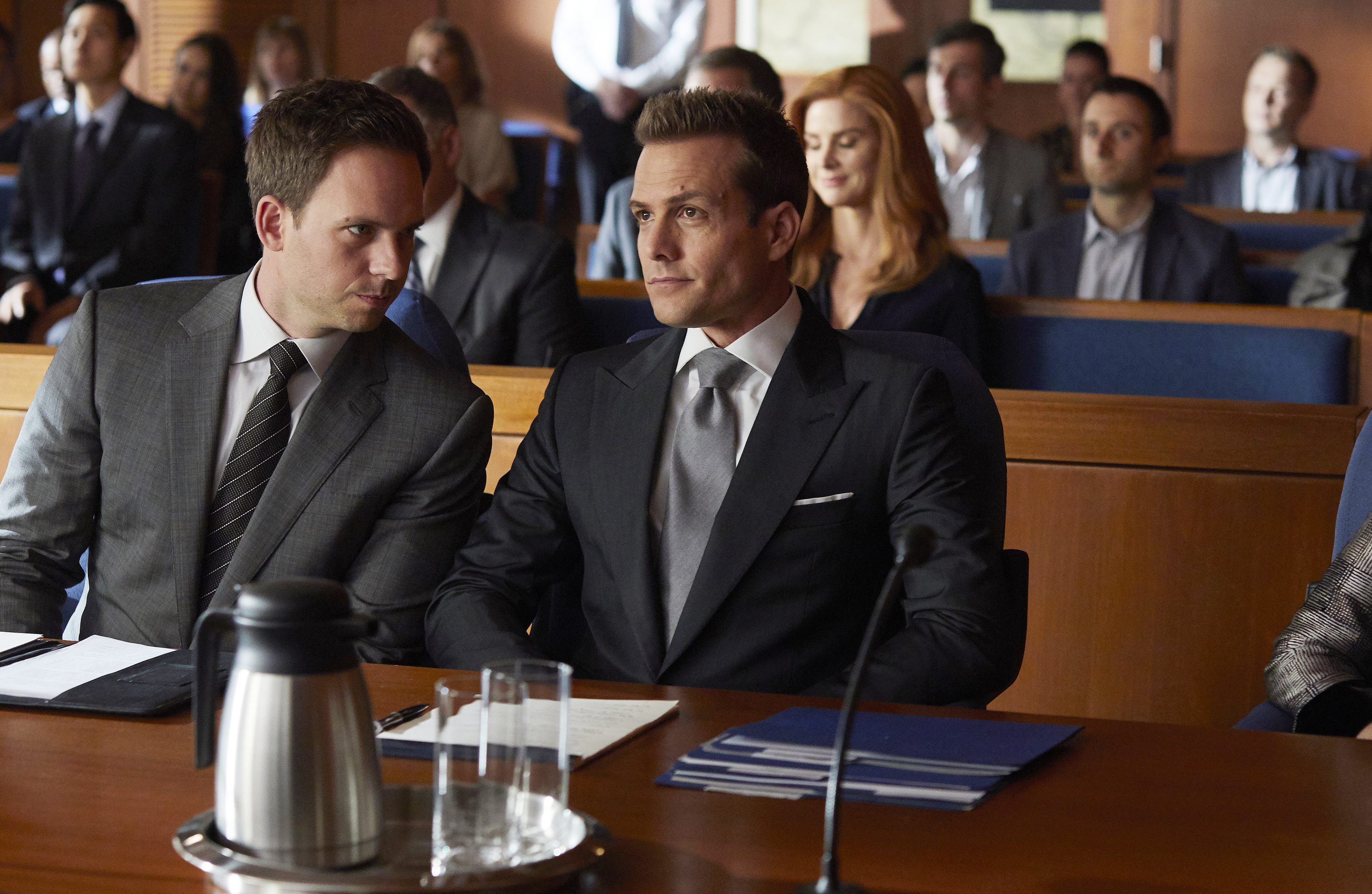 Suits - Season 7 | Tell-Tale TV SUITS -- "Donna" Episode 710 -- Pictured: (l-r) Patrick J. Adams as Michael Ross, Gabriel Macht as Harvey Specter -- (Photo by: Shane Mahood/USA Network)