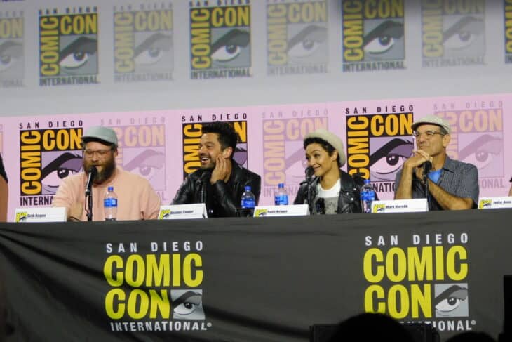 Preacher - San Diego Comic-Con 2019: Dominic Cooper (Jesse Custer), Ruth Negga (Tulip O'Hare), Julie Ann Emery (Lara Featherstone), Mark Harelik (God), and Seth Rogen