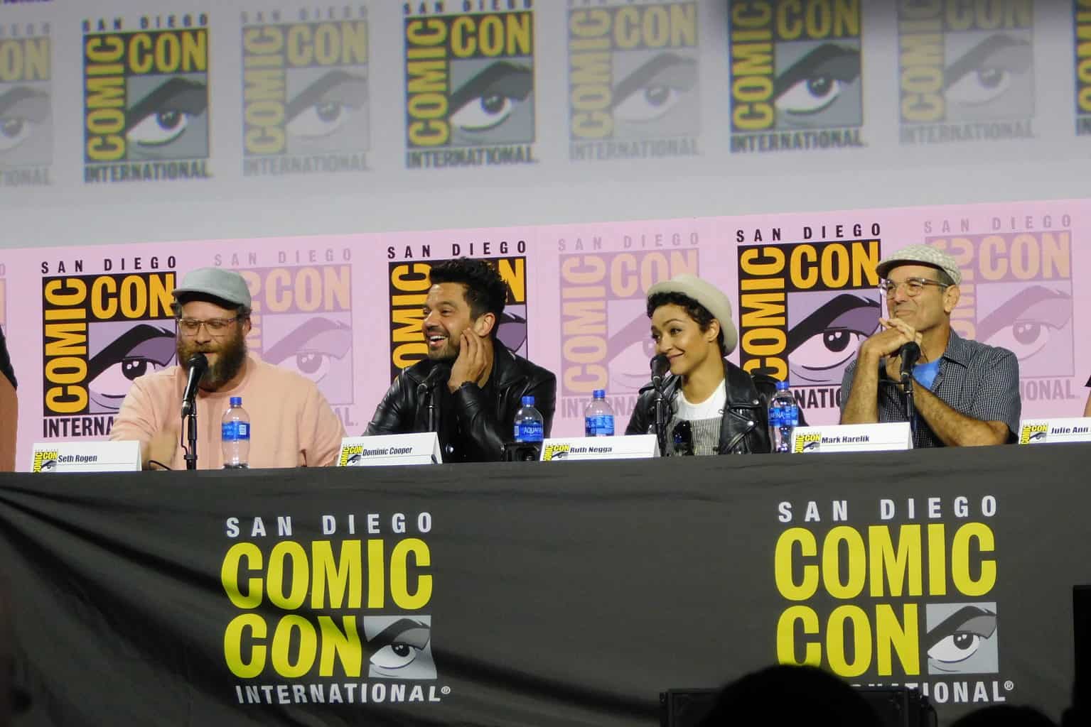 Preacher - San Diego Comic-Con 2019: Dominic Cooper (Jesse Custer), Ruth Negga (Tulip O'Hare), Julie Ann Emery (Lara Featherstone), Mark Harelik (God), and Seth Rogen