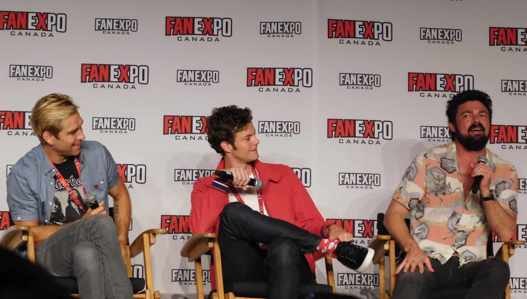 The Boys - Fan Expo Canada 2019: Karl Urban (Billy Butcher), Jack Quaid (Hughie Campbell), Antony Starr (Homelander) (Photo Credit: Alicia Gilstorf/Tell-Tale TV)