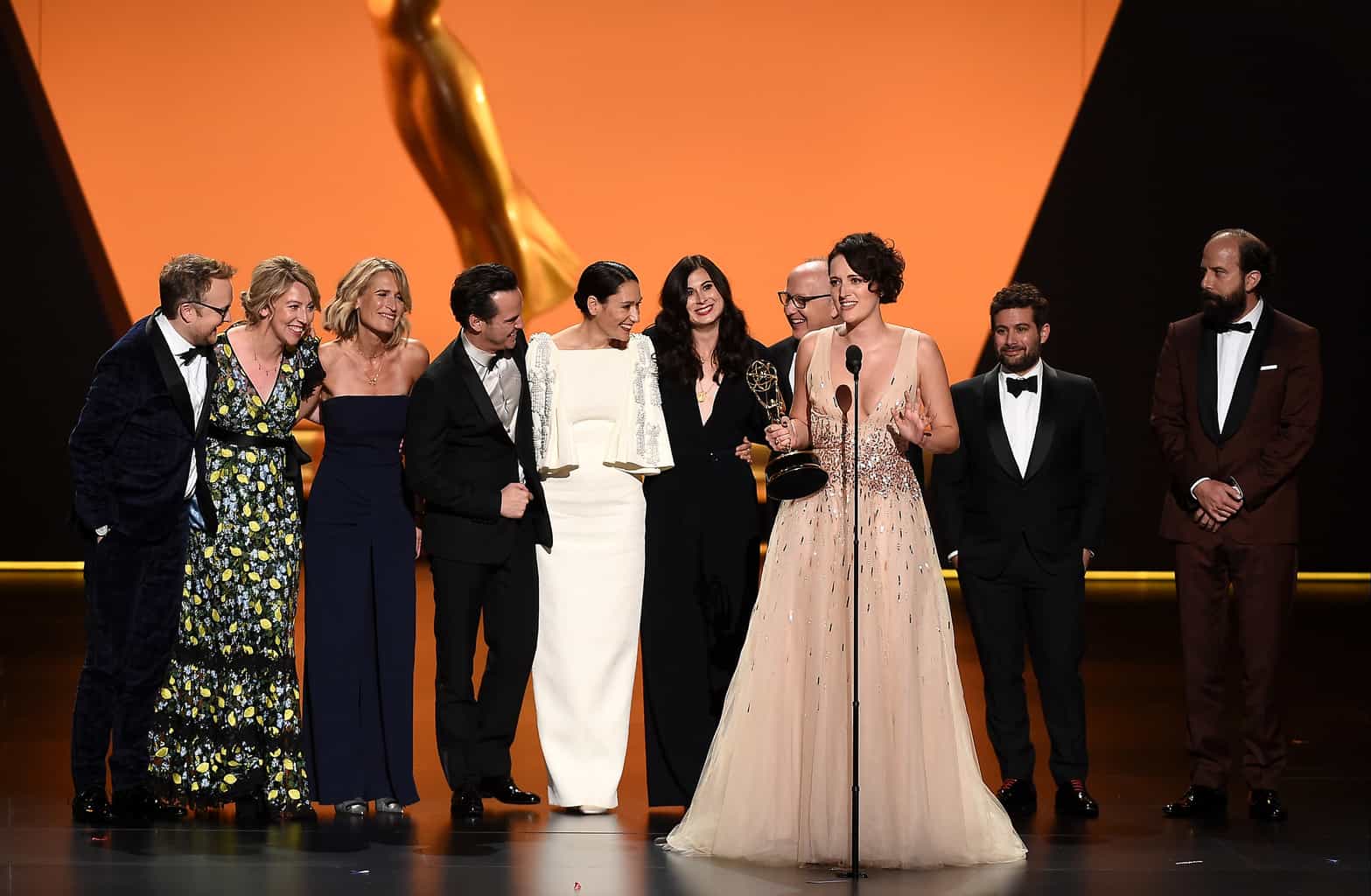 Phoebe Waller-Bridge (C) and the cast of ÒFleabagÓ accept the award for Best Comedy Series onstage during the 71ST PRIMETIME EMMY¨ AWARDS | Tell-Tale TV FM1_0274