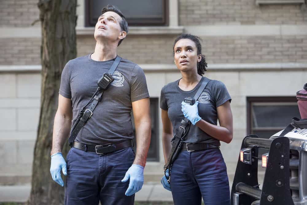 Chicago Fire Season 8 Episode 2 - Austin Peck as Collins, Annie Ilonzeh as Emily Foster | Tell-Tale TV Chicago Fire Season 8 Episode 2 - Austin Peck as Collins, Annie Ilonzeh as Emily Foster