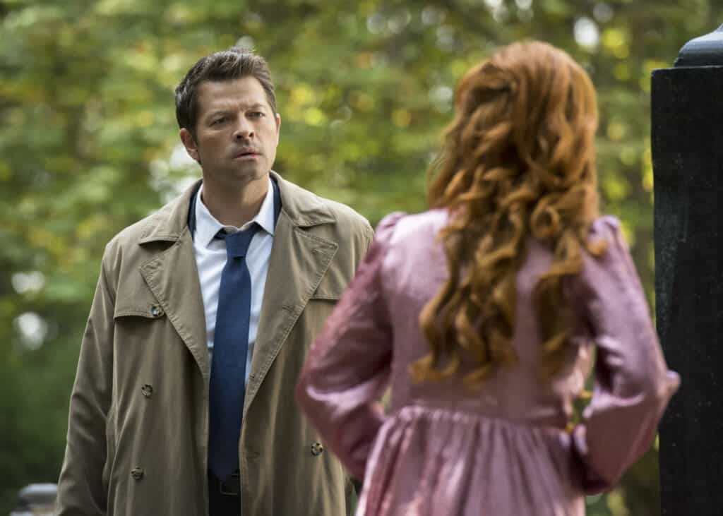 Supernatural Season 15 Episode 3 - Misha Collins as Castiel and Ruth Connell as Rowena