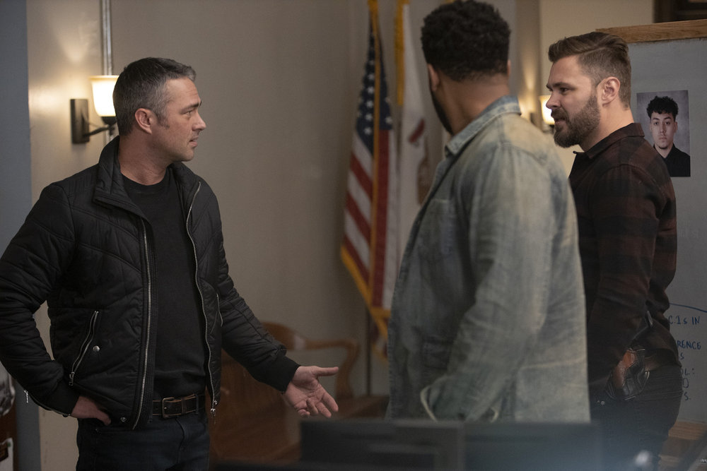 Chicago Fire Season 8 Episode 15, "Off The Grid" Pictured: (l-r) Taylor Kinney as Kelly Severide, LaRoyce Hawkins as Kevin Atwater, Patrick John Flueger as Adam Ruzek
