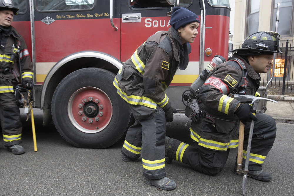 Chicago Fire Season 8 Episode 15, "Off The Grid" Pictured: (l-r) Miranda Rae Mayo as Stella Kidd, Joe Minoso as Joe Cruz
