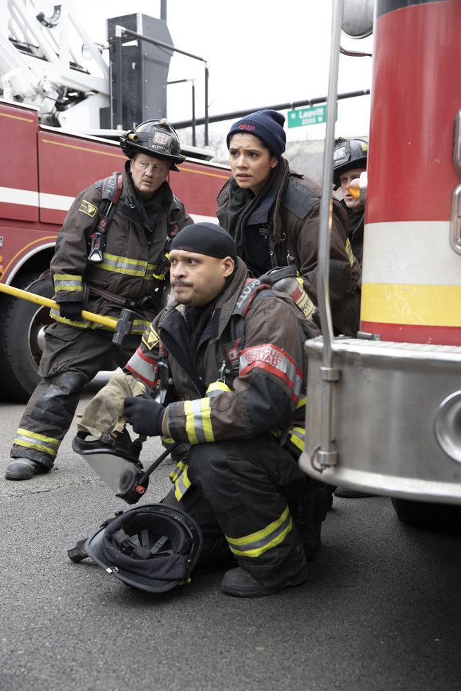 Chicago Fire Season 8 Episode 15, "Off The Grid" Pictured: (l-r) Christian Stolte as Randy Mouch McHolland, Joe Minoso as Joe Cruz, Miranda Rae Mayo as Stella Kidd