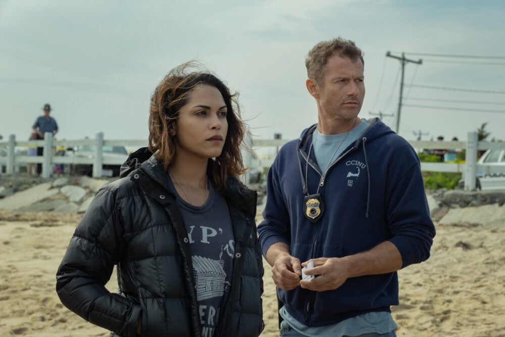 Monica Raymund as Jackie Quiñones and James Badge Dale as Ray Abruzzo in Hightown Season 1, STARZ