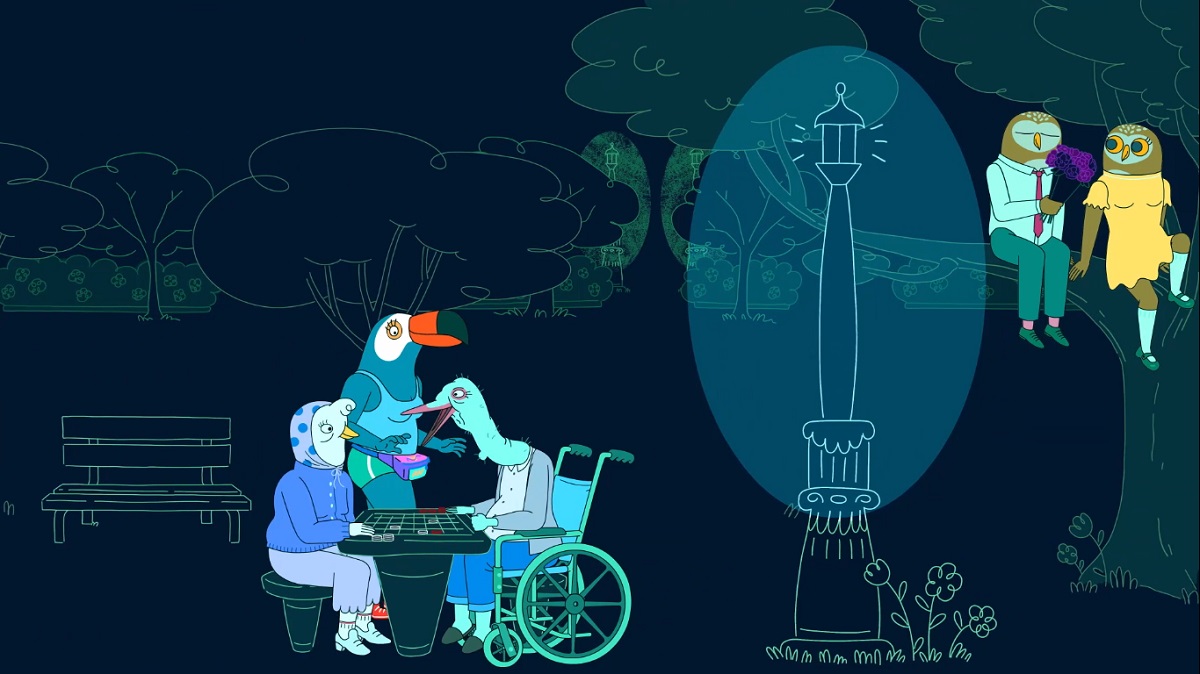 Photo of Tuca wandering through the night in Tuca & Bertie episode "Nighttime Friend."