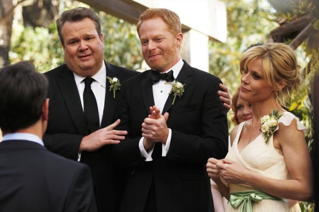their-wedding-day | Tell-Tale TV Cam and Mitchell at their wedding beside Claire in Modern Family Season 5 Episode 24 "The Wedding, Part 2"