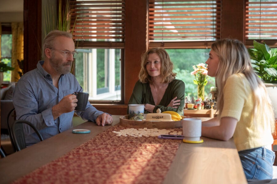 STRAIGHT MAN Season 1 Episode 1 - Bob Odenkirk as Hank, Mireille Enos as Lily, and Olivia Scott Welch as Julie