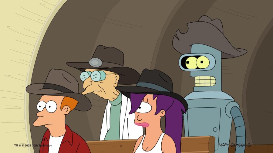 Futurama Season 11 Episode 3 - How the West was 1010001 | Tell-Tale TV Still from Futurama Season 11 Episode 3 of Fry, the Professor, Bender, and Leila wearing cowboy hats watching something off screen