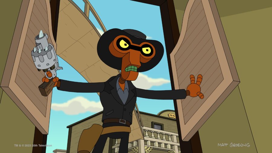 Futurama Season 11 Episode 3 - How the West was 1010001 | Tell-Tale TV A still from Futurama Season 11 Episode 3 of a robot dressed in Western attire holding a gun and scowling as they open wooden swinging doors.