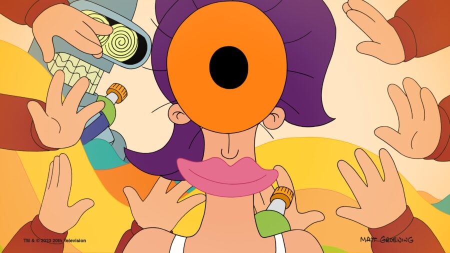 Still from Futurama Season 11 Episode 4 and psychedelic image of Leila with a giant orange eye and big lips. There are multiple images of Fry's hand surrounding her as well as an image of Bender's head in the background with spiral eyes