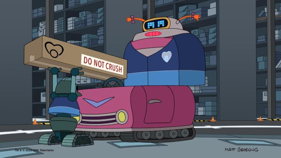 Still from Futurama Season 11 Episode 5 of two robots working in a warehouse