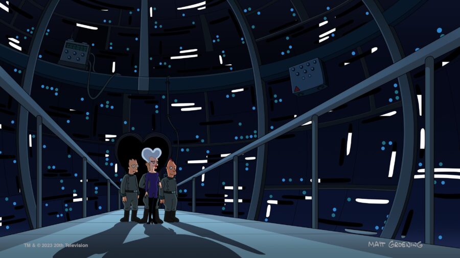 Still from Futurama Season 11 Episode 5 of the CEO mom and her three sons in an ominous looking room