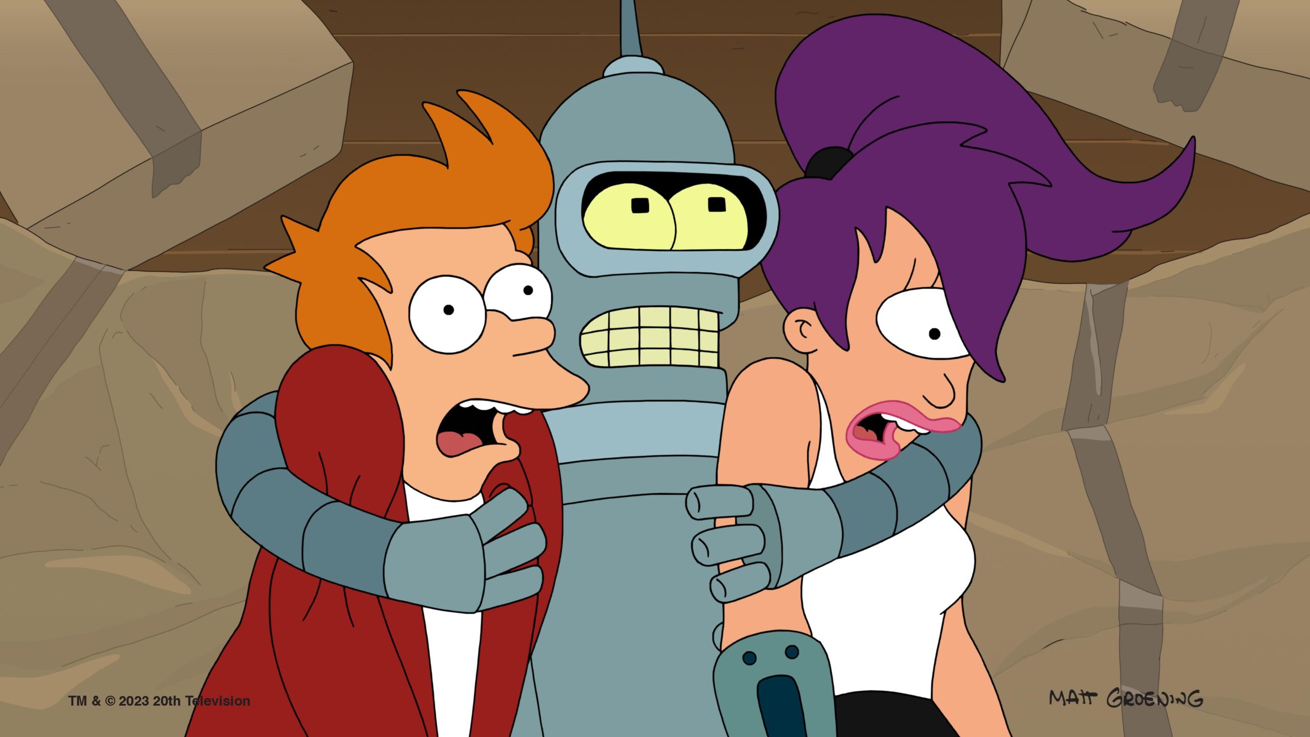 Still from Futurama Season 11 Episode 5 of Bender with his arms around a scared or startled looking Fry and Leila