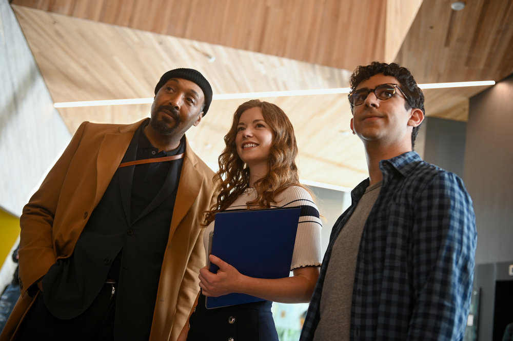 Still from The Irrational Season 1 Episode 1 of Jesse L. Martin as Alec Mercer, Molly Kunz as Phoebe, Arash DeMaxi as Owen. Shot of Trio standing together looking at something off screen