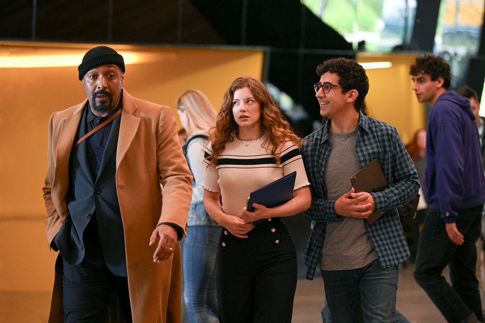 Still from The Irrational Season 1 Episode 1 of Jesse L. Martin as Alec Mercer, Molly Kunz as Phoebe, Arash DeMaxi as Rizwan from left to right of the three walking together