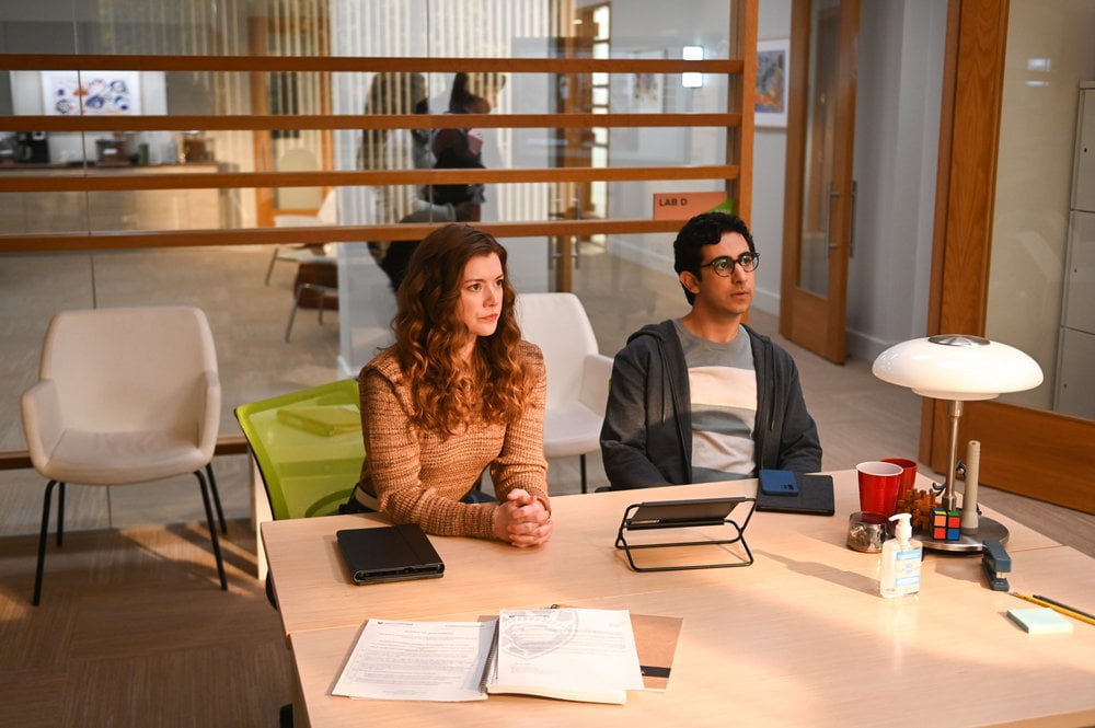 Still from The Irrational Season 1 Episode 2. Pictured: (l-r) Molly Kunz as Phoebe, Arash DeMaxi as Rizwan.