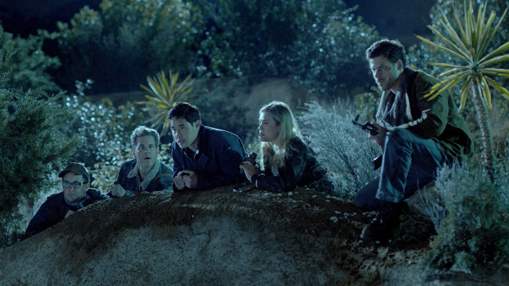 Still from Quantum Leap Season 2 Episode 1, "This Took Too Long!" of P.J. Byrne as Sgt. Enock Abrams, Aaron Abram as Sgt. Ronny Abrams, Raymond Lee as Dr. Ben Song, Melissa Roxburgh as Lt. Ellen Grier, Francois Arnaud as Sergeant Curtis Bailey