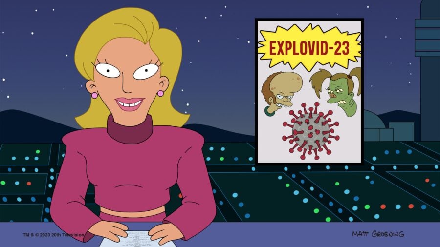 Futurama Season 2 Episode 7 | Tell-Tale TV Still from Futurama Season 2 Episode 7 of news anchor reporting a storing on Explovid-23