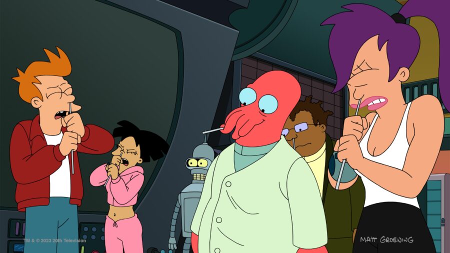 Futurama Season 2 Episode 7 | Tell-Tale TV Still from Futurama Season 2 Episode 7 of the gang putting long sticks up their nose