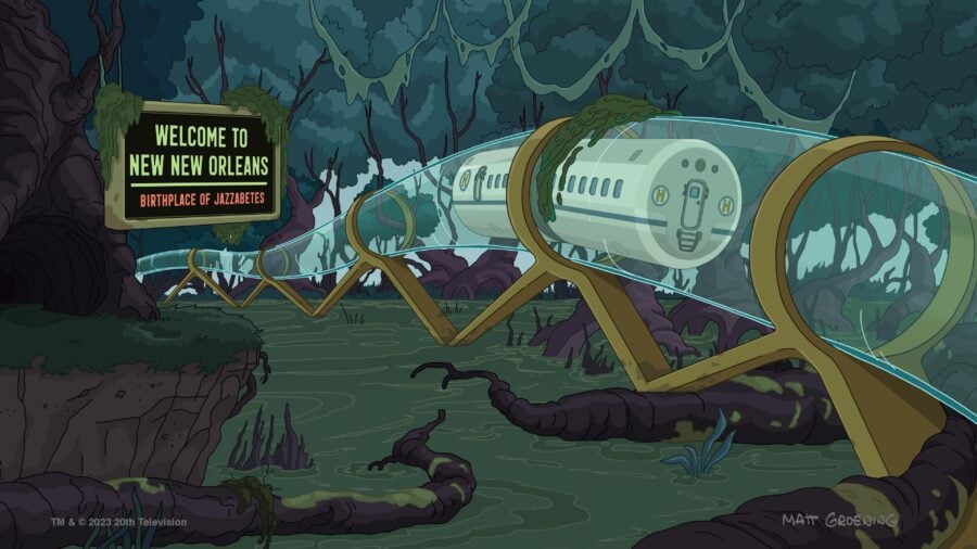 Futurama Season 2 Episode 7 | Tell-Tale TV Still from Futurama Season 2 Episode 7 of a long transportation tube with a transprotation pod in the middel and a sigh that says "Welcome To New New Orleans. Birthplace of Jazzabetes."