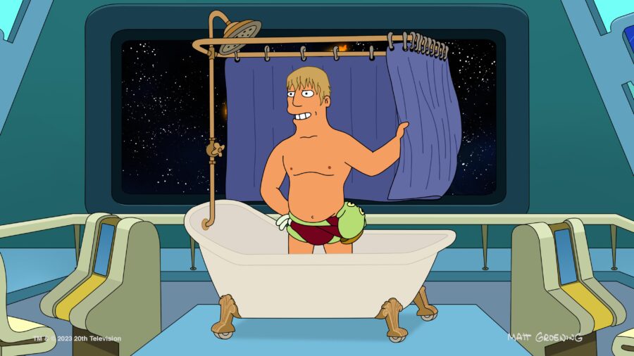 Still from Futurama Season 11 Episode 8 of Zapp in a shower