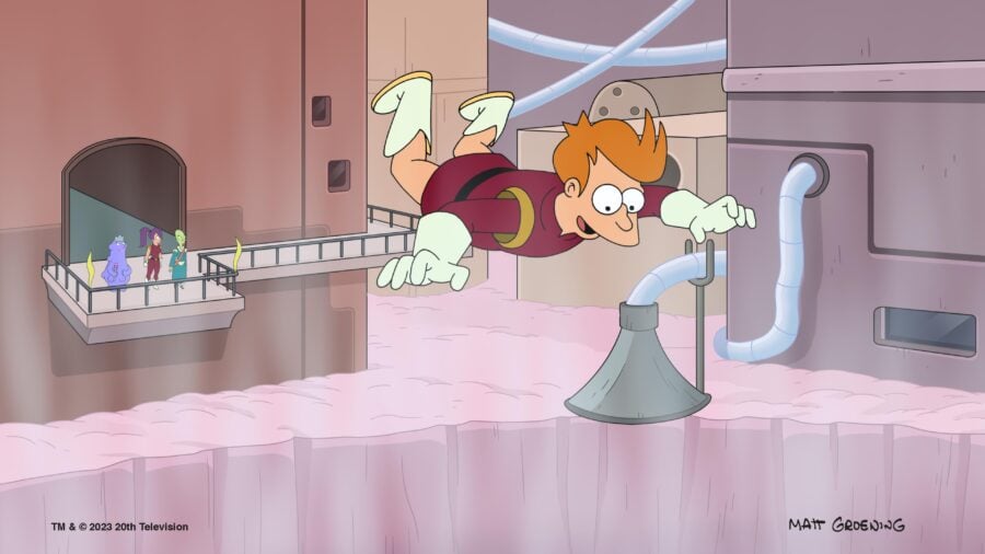 Still from Futurama Season 11 Episode 8 of Fry in military uniform floating above the ground