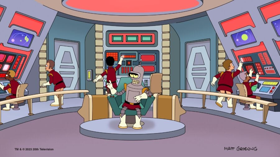 Still from Futurama Season 11 Episode 8 of Bender wearing military uniform sitting in the captain's chair of a starship bridge