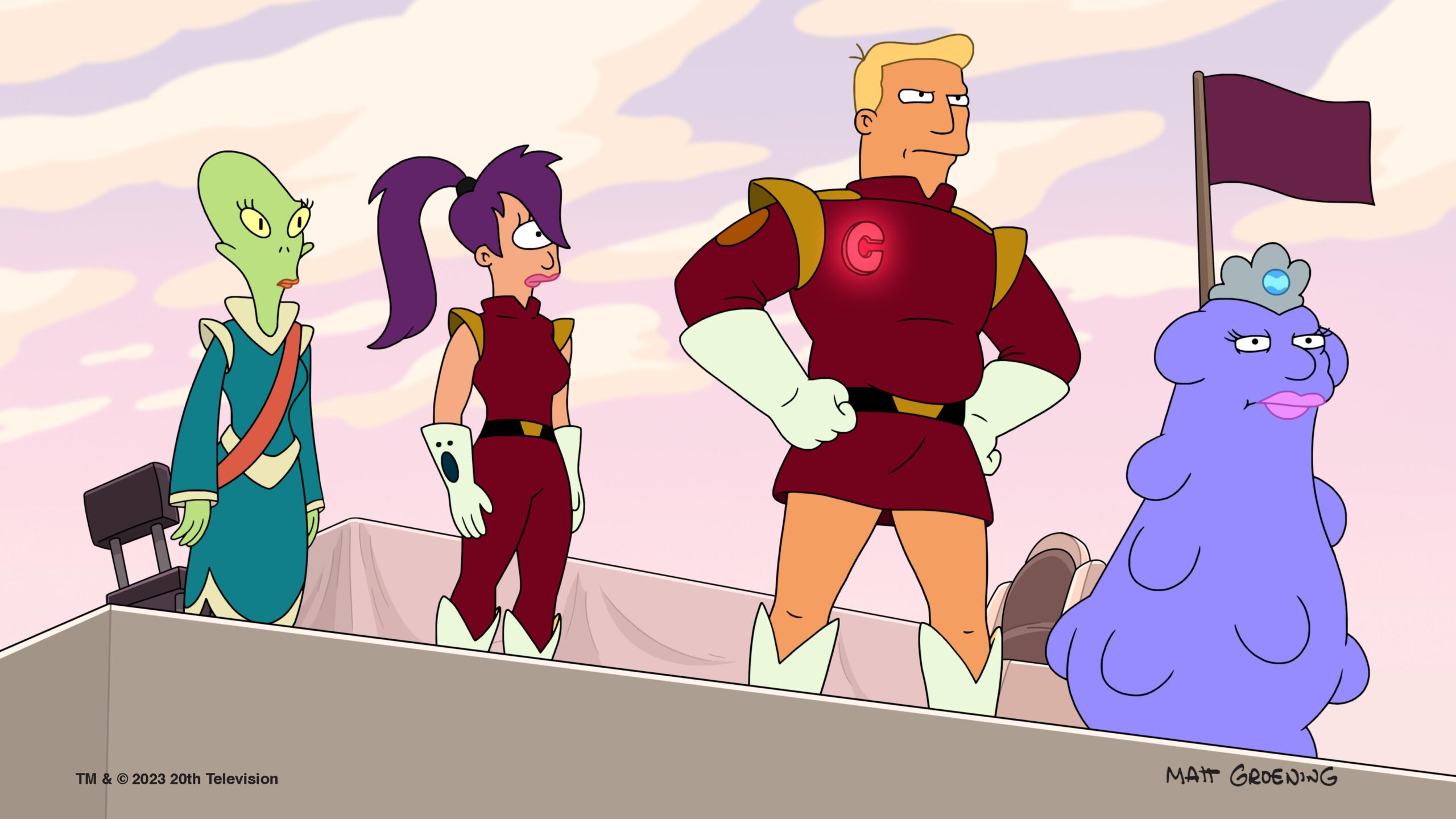 Still from Futurama Season 11 Episode 8 of Zapp and Leela in uniform with two other aliens standing in a line looking off screen