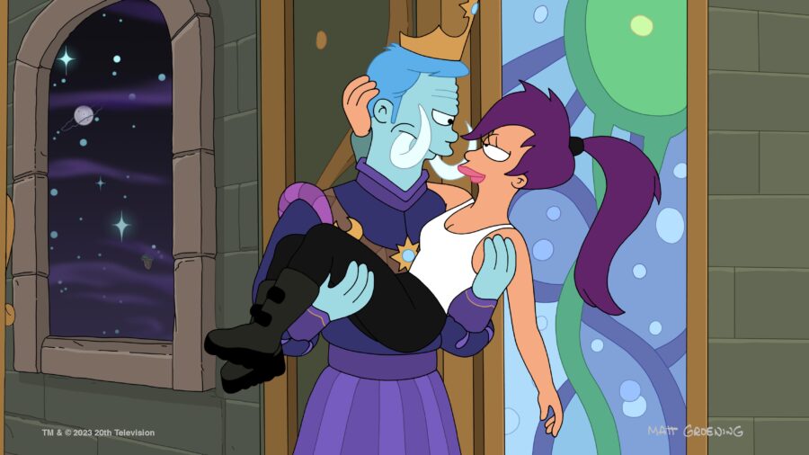 Futurama Season 11 Episode 9 | Tell-Tale TV Still from Futurama Season 11 Episode 9 of Leela being held bridal style by an alien prince