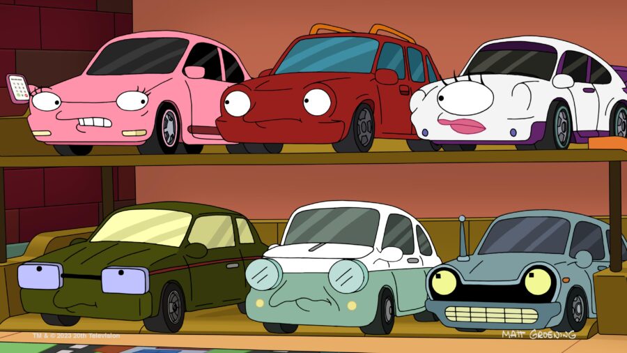 Futurama Season 11 Episode 9 | Tell-Tale TV Still from Futurama Season 11 Episode 9 of the entire gang as toy car versions of themselves