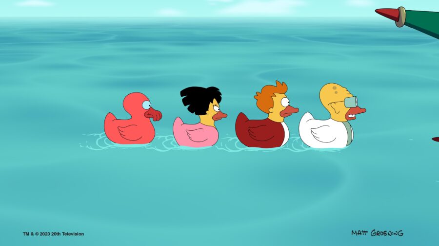 Futurama Season 11 Episode 9 | Tell-Tale TV Still from Futurama Season 11 Episode 9 of Zoidberg, Amy, Fry, and Professor swimming in a line as rubber ducky versions of themselves