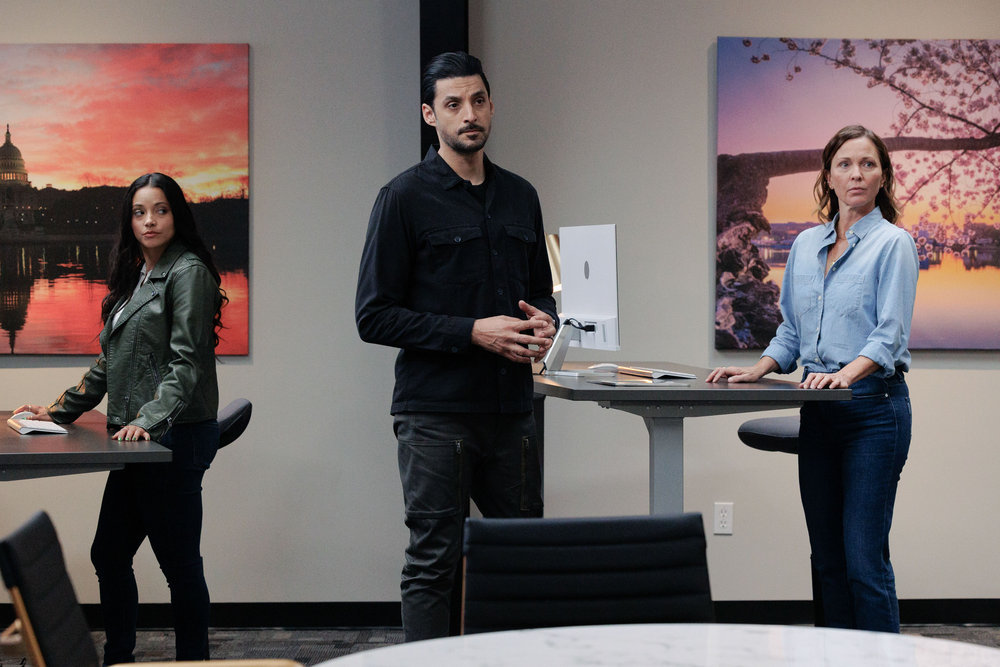 Still from Found Season 1 Episode 2 of Gabrielle Elise Walsh as Lacey Quinn, Karan Oberoi as Dahn Rana, and Kelli Williams as Margaret Reed pictured from left to right