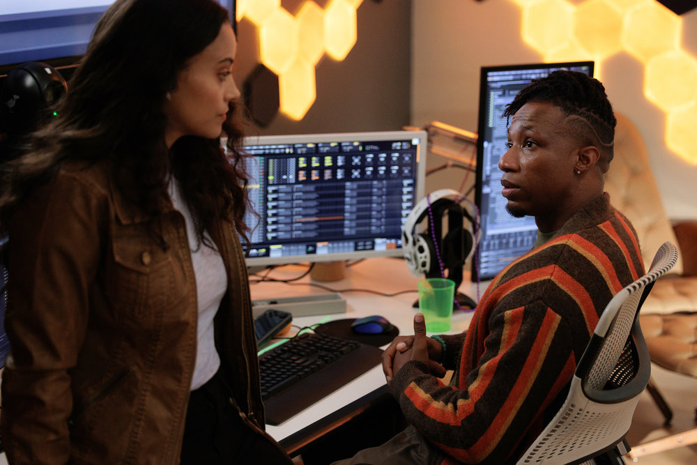 Still from Found Season 1 Episode 4 of Gabrielle Elise Walsh as Lacey Quinn and Arlen Escarpeta as Zeke Wallace pictured from left to right.