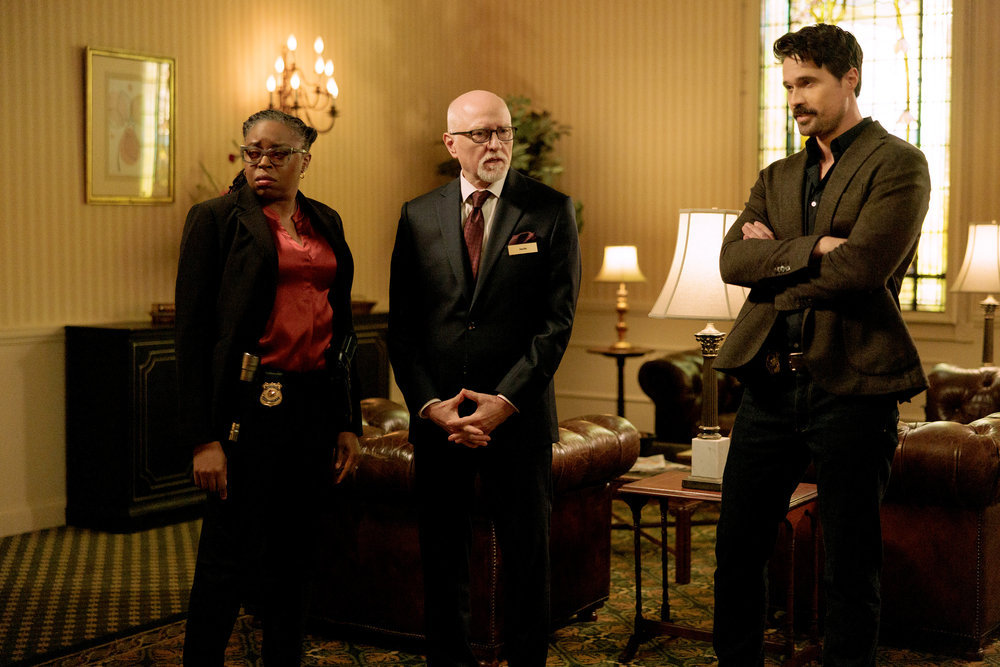 Still from Found Season 1 Episode 5 of Anisa Nyell Johnson as Detective Shaker, John Prosky as Kirk Jacobs, and Brett Dalton as Detective Mark Trent pictured from left to right