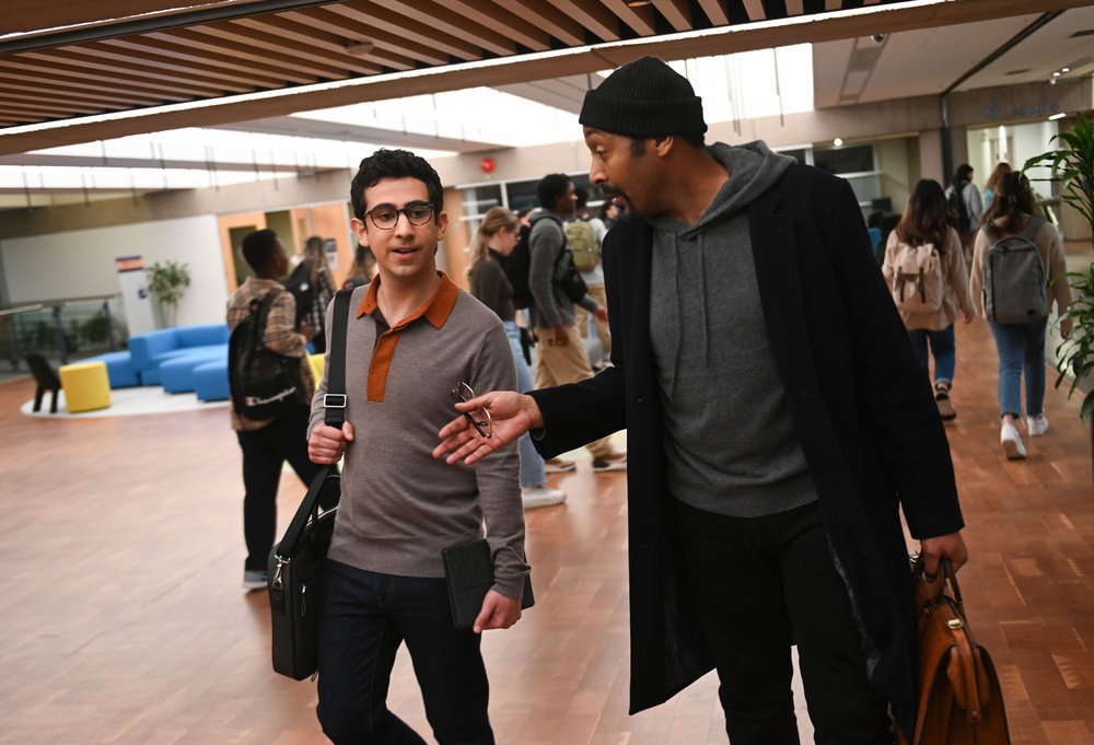 Still from The Irrational Season 1 Episode 4 of Arash DeMaxi as Rizwan and Jesse L. Martin as Alec Mercer pictured from left to right