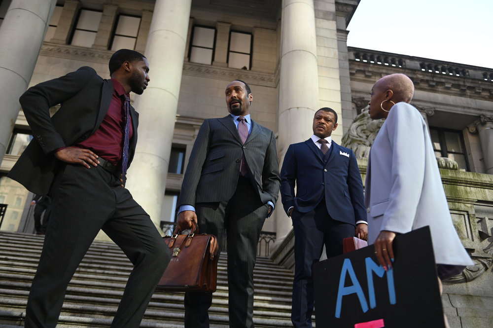 Still from the Irrational Season 1 Episode 6 of Emidio Lopes as Mason Hill-Jones, Jesse L. Martin as Alec Mercer, Neville Wingo as Donald Sales, and Travina Springer as Kylie pictured from left to right.