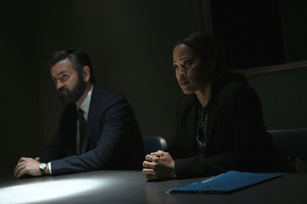 Still from The Irrational Season 1 Episode 6 of Brian King as Jace Richards and Maahra Hill as Marisa pictured from left to right.
