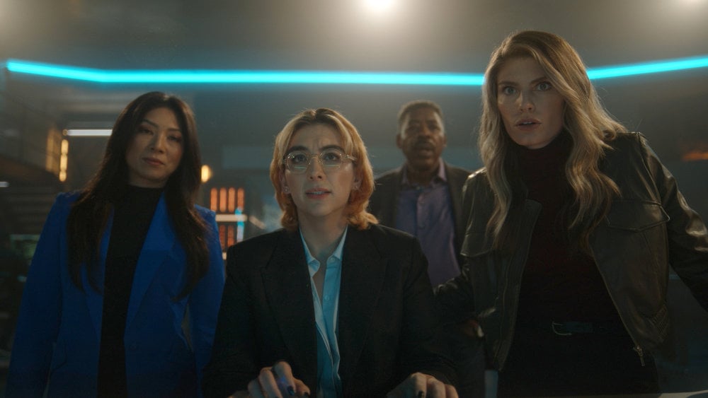 Still from Quantum Leap Season 2 Episode 3, "Closure Encounters," of Nanrisa Lee as Jenn, Mason Alexander Park as Ian, Ernie Hudson as Magic, and Caitlin Bassett as Addison pictured from left to right