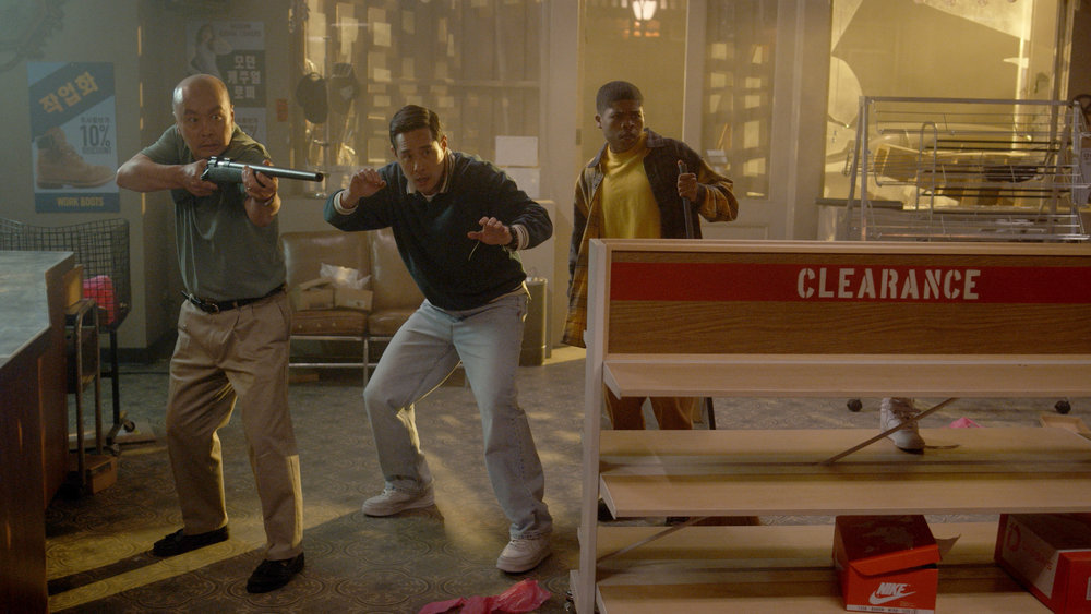 Still from Quantum Leap Season 2 Episode 5 of C.S. Lee as Jin Park, Raymond Lee as Dr. Ben Song, and Benjamin Flores Jr. as Dwain pictured from left to right.