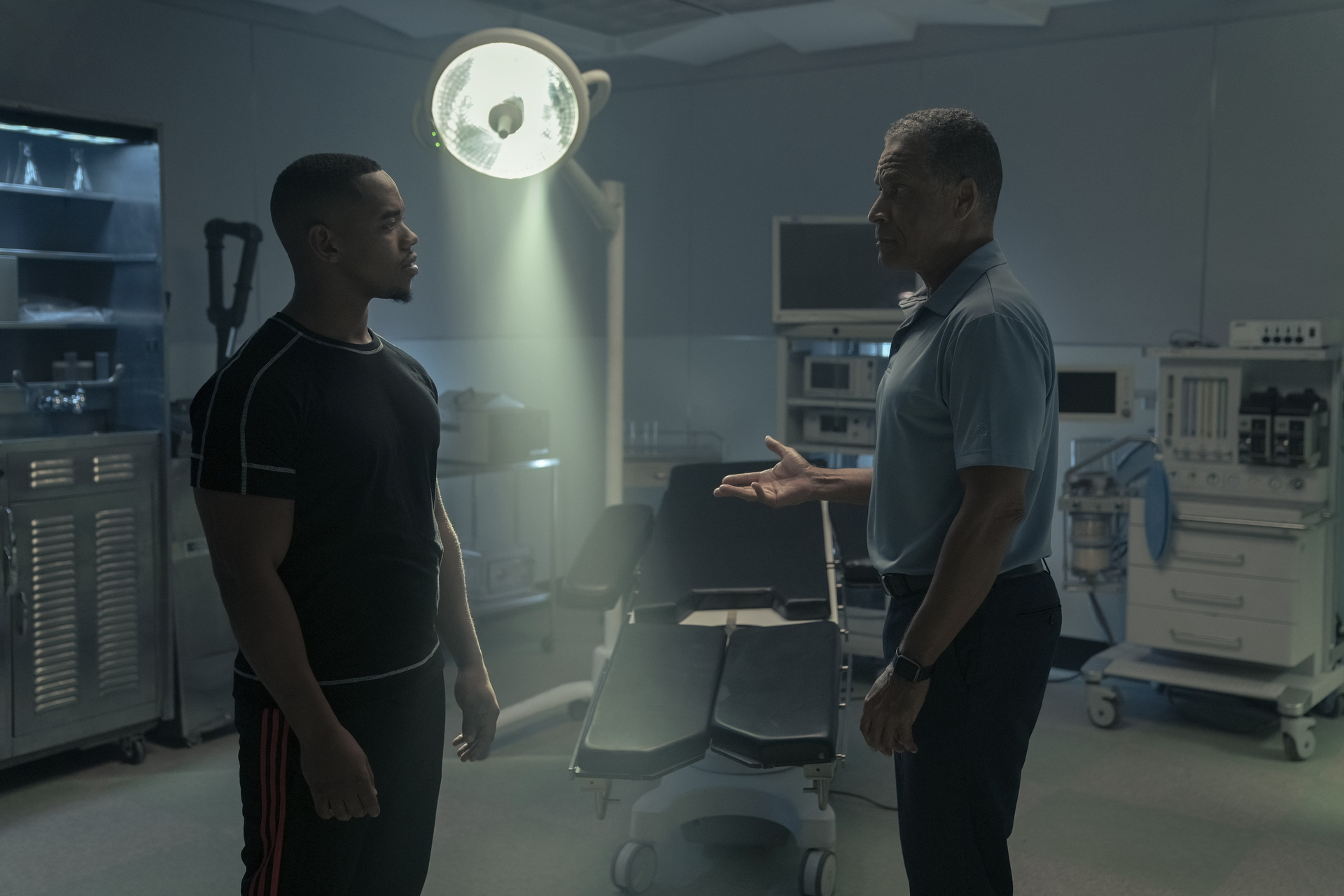 Doom Patrol Season 4 Episode 10 - Joivan Wade and Phil Morris | Tell-Tale TV Still from Doom Patrol Season 4 Episode 10 of Joivan Wade as Vic and Phil Morris as Silas Stone pictured from left to right.
