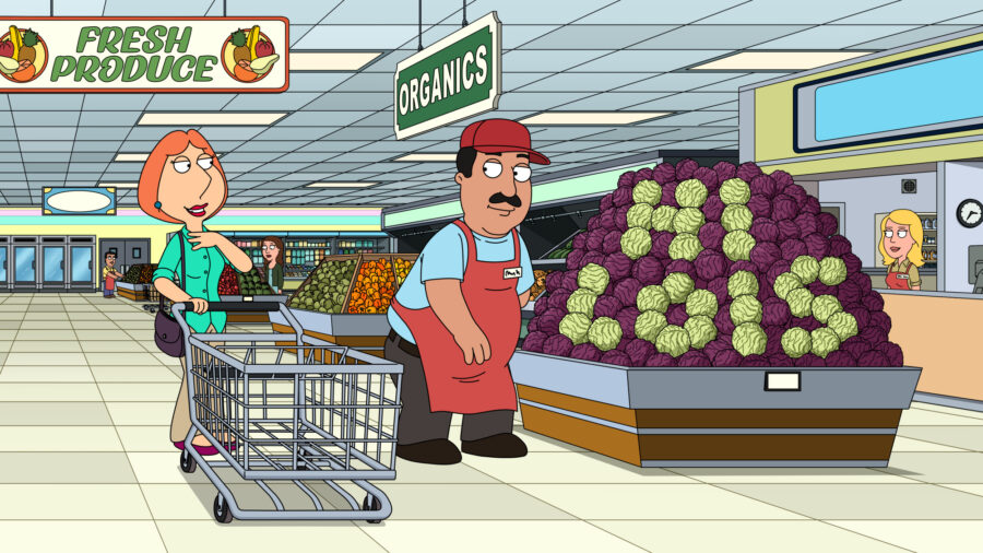 Still from Family Guy Season 22 Episode 2 of Lois in a supermarket approaching a store employee