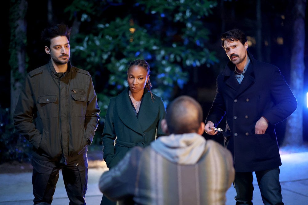 Still from Found Season 1 Episode 6 of Karan Oberoi as Dahn Rana, Shanola Hampton as Gabi Mosely, and Brett Dalton as Detective Mark Trent pictured from left to right.