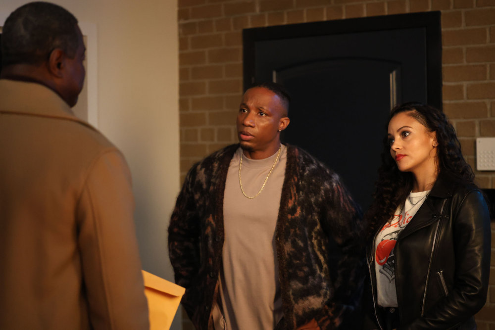 Still from Found Season 1 Episode 10 of Dwight Hicks as Darrell Wallace, Arlen Escarpeta as Zeke Wallace, and Gabrielle Elise Walsh as Lacey Quinn pictured from left to right.