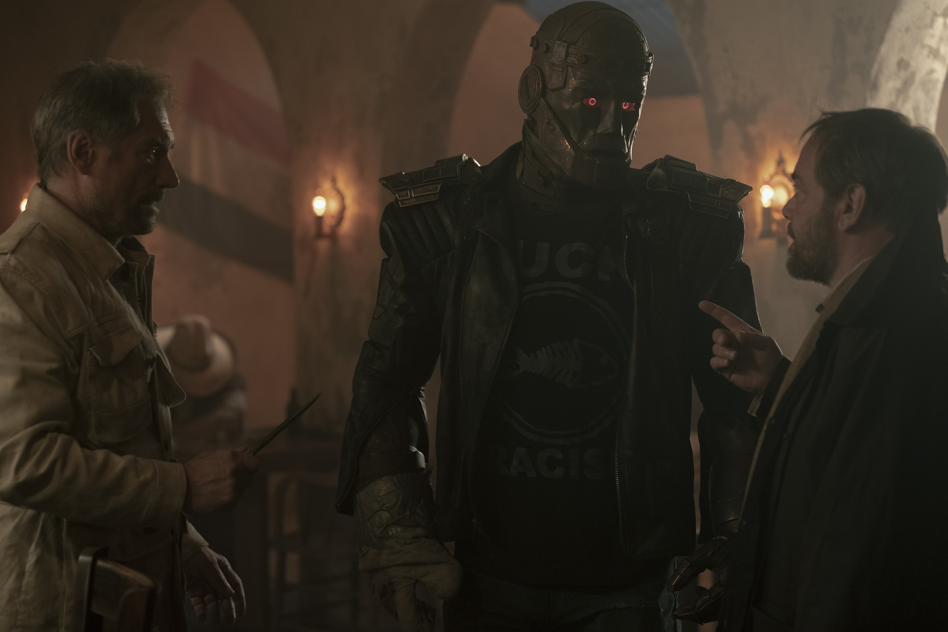 Doom Patrol Season 4 Episode 11 - Timothy Dalton, Brendan Fraser, and Mark Sheppard | Tell-Tale TV Still from Doom Patrol Season 4 Episode 11 of Timothy Dalton as Niles, Brendan Fraser as Cliff, and Mark Sheppard as Willoughby Kipling pictured from left to right.